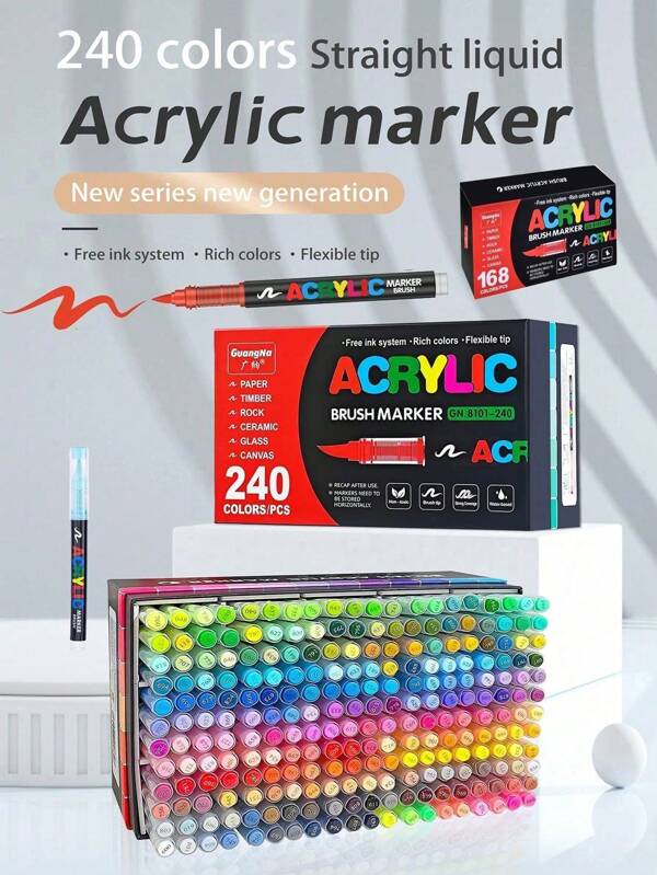 240/168/120/72/60/36/24/12 Color Direct Liquid Acrylic Marker Pens, Students Use Art Professional Drawing Drawing Color Soft-Head Marker Paper-Tight Stackable Diy Graffiti Coloring Book Coloring Pen Can Draw Glass Stone Waterproof Body Painting Brush Christmas Gift, School Supplies,Back To School