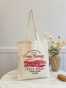 1 件米色帆布手提袋，印有汽车和字母图案，大容量帆布购物袋，耐用女士单肩包，户外旅行帆布包，适合日常通勤、海滩、度假 - 礼品袋 - 米色 - 查看 2
