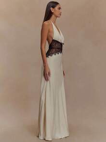 Mozision Summer Backless Sexy Maxi Dress Women Gown Patchwork Lace Halter Deep V Neck Sleeveless High Waist Elegant Long Dress - 粉色 - 查看 3