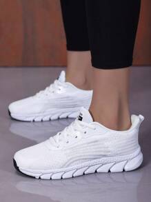 1 Pair Women Solid Color Sports Casual Knit Breathable Outdoor Gym Non-Slip Durable Soft Running Shoes
