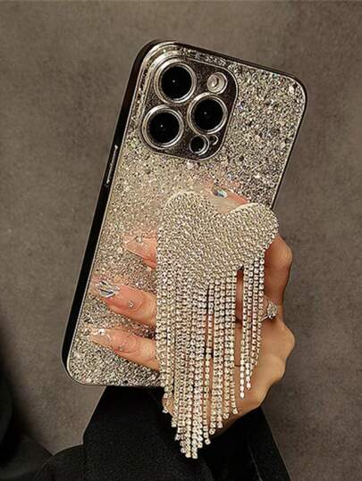 1pc Luxury Electroplated Glitter & Rhinestone Heart Tassel Phone Case, Compatible With IPhone 14 Pro Max/14 Pro/14, 15 Pro Max/15 Pro/15, 13 Pro Max/13 Pro, 11, 12, Suitable For Latest 17 Series