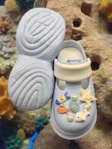 新款女士一脚蹬鞋，防滑时尚分趾鞋 - 海洋风格，贝壳，珍珠，海豚，透气 EVA 材质，适合所有季节的舒适鞋子[新推出且非常受欢迎] - 淺藍色 - 查看 4