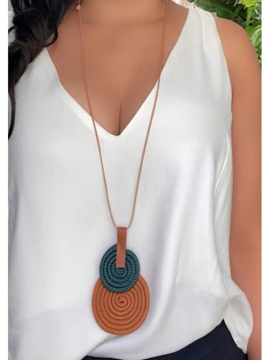 Women's Long Necklace Color Handmade Mandal Pendant - 36.陶土/油 - 查看 1