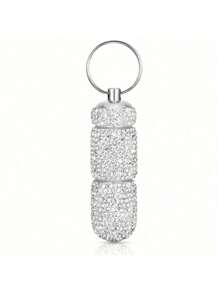 Portable Bling Keychain Storage Box 2 Compartments Small Travel Storage Case Pill Organizer Outdoor Rhinestone Waterproof Small Pill Holder With Keychain Cute Storage Box For Outdoor Camping Case