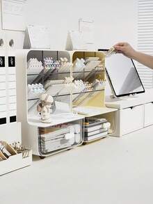 桌面整理器 - 便携式桌面整理器和储物 | 化妆刷收纳整理器 - 高容量笔架，带隔层 + 抽屉，适用于工作、学校和家庭用品，易于插入安装，节省空间，笔，笔，文具，铅笔盒，铅笔袋，学校，大号铅笔盒，办公设备，学校用品，便条纸，可爱装饰，返校，笔，学校用品