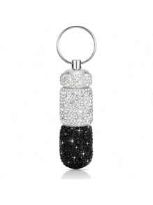 Portable Bling Keychain Storage Box 2 Compartments Small Travel Storage Case Pill Organizer Outdoor Rhinestone Waterproof Small Pill Holder With Keychain Cute Storage Box For Outdoor Camping Case