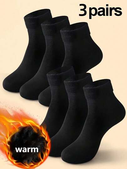 3 Pairs Women Thermal Warm Thick Mid-Calf Socks, Winter Cold-Proof Warm Ankle Socks, Comfortable Loungewear, Suitable For Autumn And Winter
