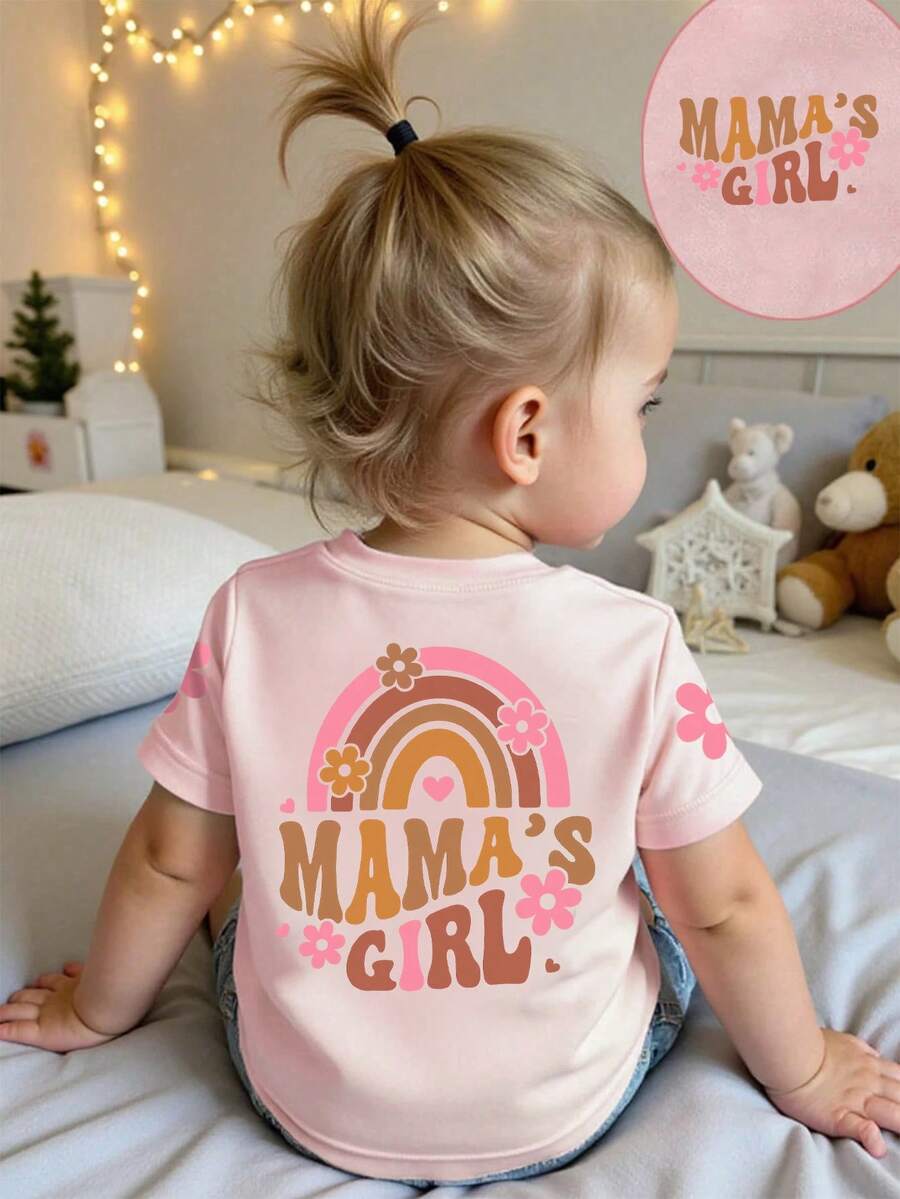Infant Girls Minimalist "Mama's Girl" Letter Print Crew Neck Short Sleeve Cute Tee - Pink - View 1