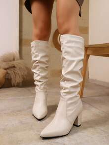 女士尖头粗跟高筒靴，2025 年秋冬新款时尚马靴，白色靴子 - 白色 - 查看 3