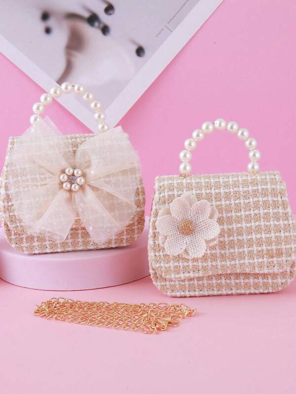 1 Peça Bolsa de Mão Infantil com Laço de Malha Florida, Decoração de Pérolas, Padrão Xadrez Listrado, Material PU, Fechamento de Aba, Bolsa Fofa com Contas, Bolsa a Tiracolo Casual e Doce de Princesa para Meninas, Bolsa de Moedas e Lanche para Passeios, Festivais e Uso Diário