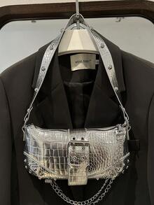 Silver Colour Rivet Decorated Stylish Shoulder Bag - Silver - View 9