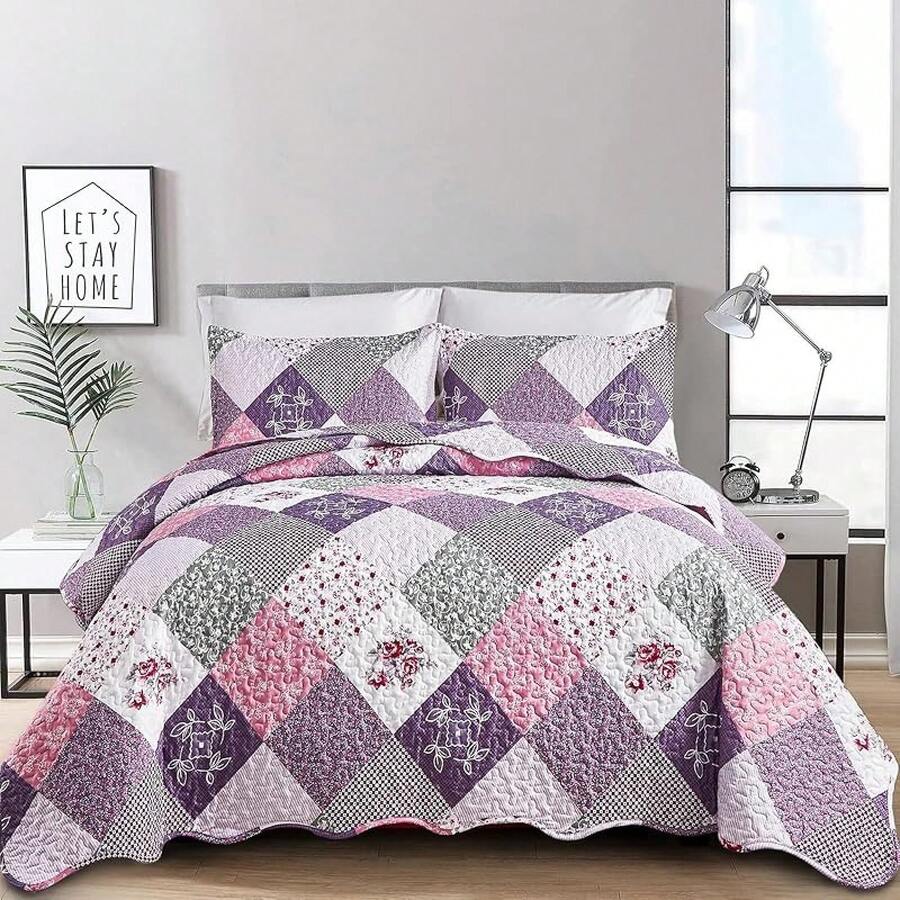 Floral Plaid Patchwork Quilt Set King Size, Reversible Brown Bedding Set Soft Microfiber Lightweight Bedspread Coverlet 3 Piece All - Season Use (104x90 Inches) - Purple - View 1