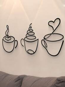 3pcs Set Modern Black Metal Coffee Cup Wall Hanging Art, Cafe Home Decor, Crafts Wall Decor, Suitable For Living Room, Dining Room, Kitchen Background, Indoor Use (With Installation Screws)