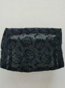 Sanrio 1pc Kitty Flocked & Mesh Portable Cosmetic Bag, Large Capacity Makeup Storage Pouch, Practical For Outdoor Use