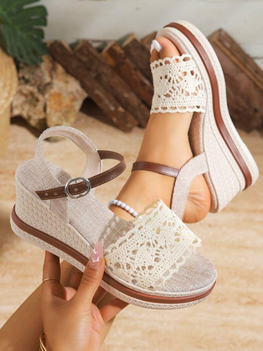 Women's Retro Lace Wedge Sandals, Crochet Design Bohemian Style, Suitable For Vacation And Daily Wear, Thick Woven Platform, Cute And Vintage - Beige - View 1