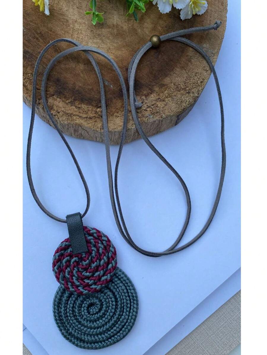 Women's Long Necklace Color Handmade Mandal Pendant - 22. Marsala Stripe Cinca - View 1
