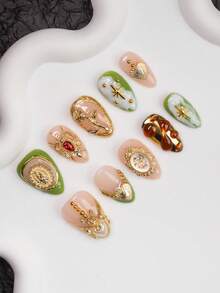 Móng giả thủ công hình hạnh nhân phong cách Y2K với đầu móng kiểu Pháp, màu trơn, vàng, xanh lá cây, điểm xuyết thiết kế kim loại lỏng bất đối xứng, hình thánh, hoa hồng vàng, thiên thần, trái tim, ngôi sao, đá quý và ngọc trai giả. Thích hợp cho phụ nữ và bé gái dự tiệc, khiêu vũ, hoặc sử dụng hàng ngày. 10 miếng/bộ, 3 kích cỡ, kèm bộ dụng cụ, món quà tuyệt vời dành cho phái nữ. Dụng cụ làm móng, móng giả thủ công. - Nhiều màu - Xem 2