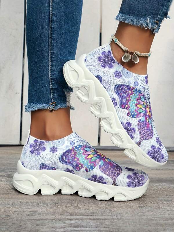 Women's Latest Butterfly Print Rhinestone Decor Slip-On Comfortable Breathable Thick Sole Casual Sneakers