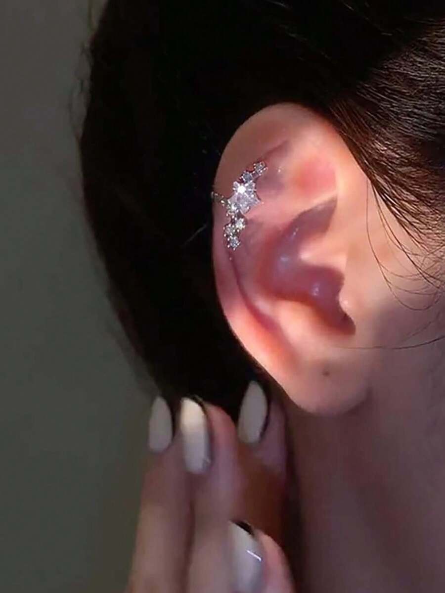 1 chiếc khuyên tai kẹp hình học đính đá Zirconia lấp lánh thời trang mới dễ thương hình ngôi sao nhỏ bằng vàng/bạch kim, phù hợp cho các dịp hàng ngày, tiệc tùng và trang trọng của phụ nữ #ShineYourWay Tỏa sáng sự tự tin, để ánh sáng của bạn tỏa sáng