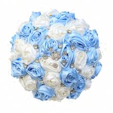 Elegante ramo de rosas de satén con cuentas y cristales de color champán, ramo de boda de rosas de tela artificial, flor eterna W0630G