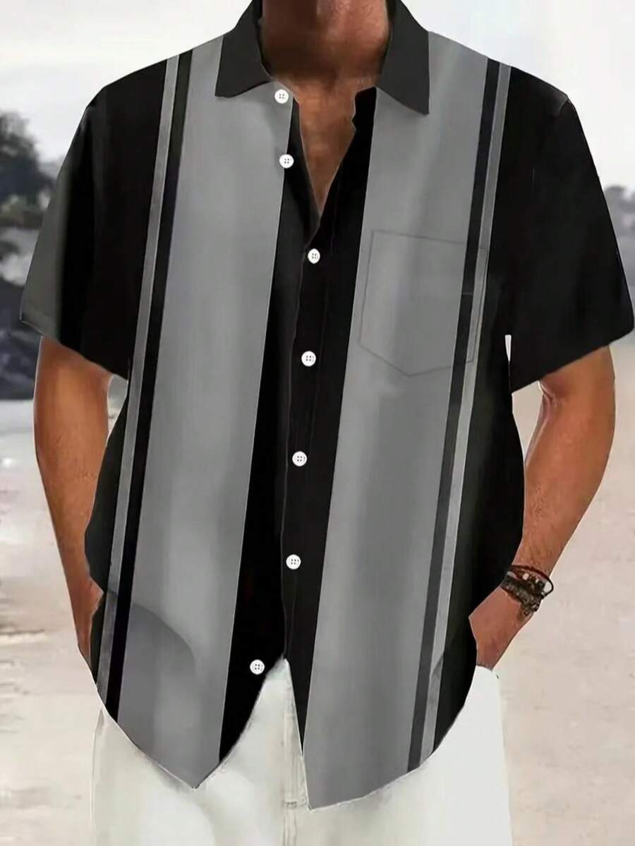 Men's Plus Size Casual Contrast Color Button Front Short Sleeve Shirt, Summer - Black - View 1