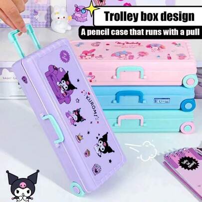 Sanrio Maleta con ruedas de dos pisos Kuromi de Sanrio, caja de papelería; Estuche de lápices de gran capacidad de dos pisos My Melody de plástico multifunción, caja de almacenamiento de bolígrafos, suministros para el hogar/oficina, regalo de cumpleaños/recuerdo