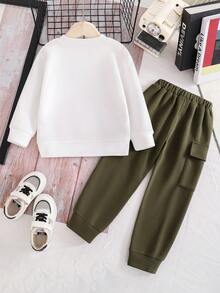 Toddler Letter Graphic Print Round Neck Sweatshirt And Pants Set - Army Green - View 5