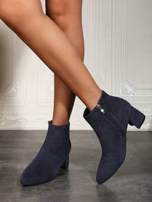 时尚粗跟短靴，绒面革鞋面，尖头，侧拉链设计中跟踝靴，性感休闲户外活动，时尚派对，正式场合，秋冬 - 藍色 - 查看 5