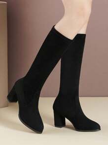 女士时尚弹力中筒靴，新款秋冬粗跟高跟尖头绒面过膝修身靴 - 黑色 - 查看 4