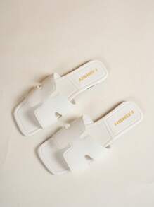Women's Flat Slides, Versatile Fashion Square Toe Black House Slippers, Casual Outdoor Beach Sandals, Comfortable