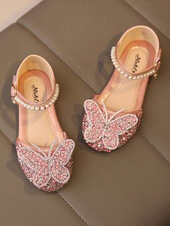 1 Pair Fashion Versatile Pink Girl Pearl & Rhinestone Bow Decor Cute Flat Sandals, Round Toe, Suitable For Daily Wear, Dancing, Outdoor In Spring And Autumn, Glitter Decoration Closed Toe Princess Shoes, Run Small By Half Size
