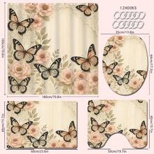 1/4pcs Pink Floral & Butterfly Bathroom Decor Set, Includes Shower Curtain, Bath Mat, U-Shape Toilet Lid Cover, Waterproof, Washable, Modern Style Partition Curtain, No Drilling Required - Multicolor - View 4
