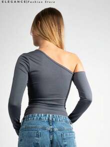 Suplex Long Sleeve Asymmetric Cut Bodysuit - Grey - View 2