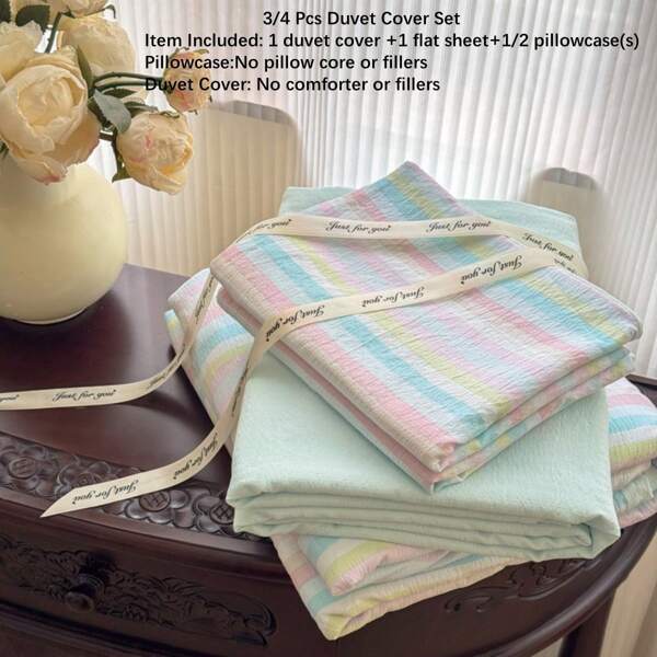 3/4pcs Mint Green Bedding Set, Fresh Summer Striped Bed Linens Set, Soft Polyester Duvet Cover Set, Modern Simple Colorful Stripe Decorative Children Bedding (1 Duvet Cover + 1 Bed Sheet + 1/2 Pillowcase, Excluding Filler)