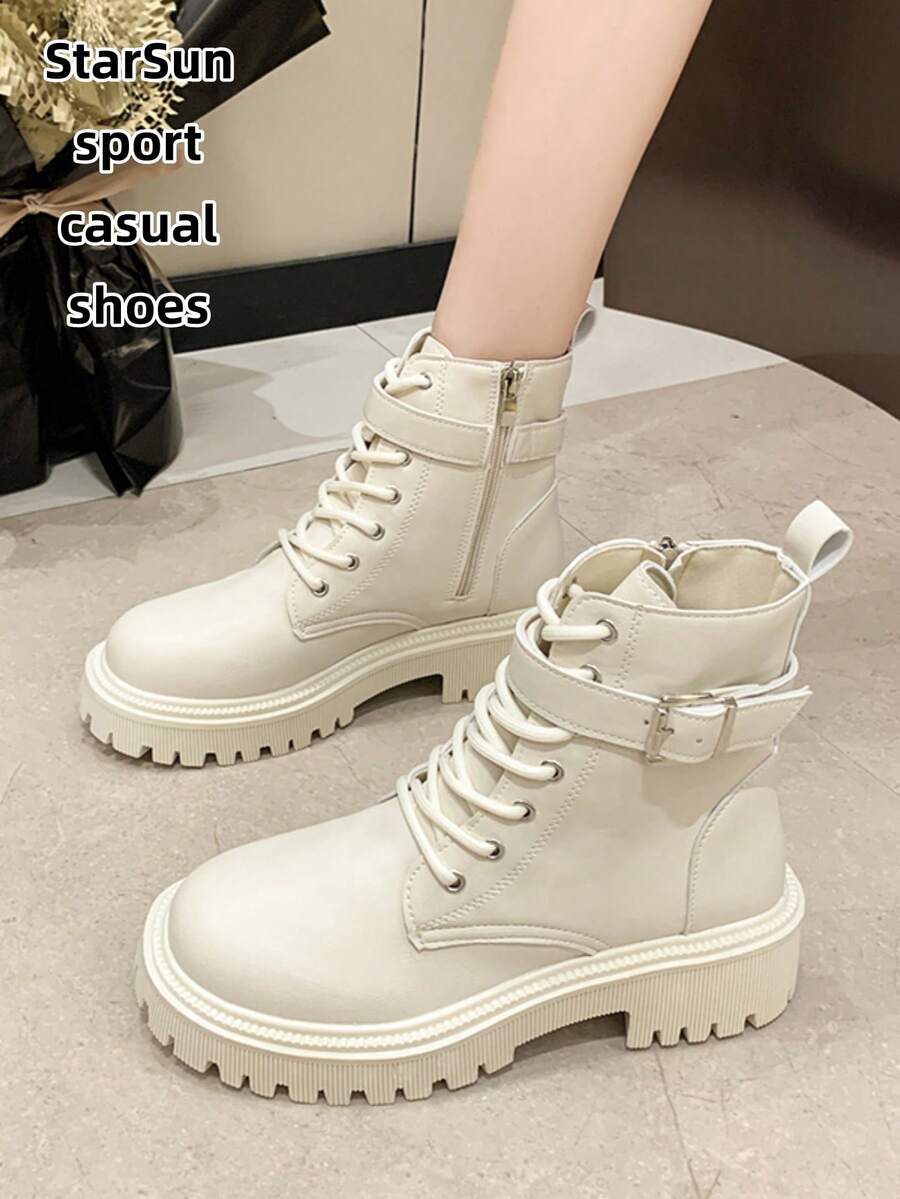 Damen Metall Schnalle Schnürstiefel mit rundem Zehenbereich, Plateau-/Blockabsatz, Lederoberfläche, wasserdicht, leicht zu reinigen, Gummisohle, rutschfest, verschleißfest