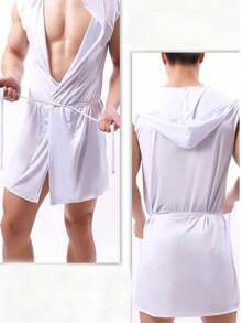 Men's New Pajamas With Hood And Belt, Pure Black And White Two-Piece Casual Comfortable Sexy Home Clothes Robe - 黑與白 - 查看 2