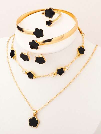 Conjunto de 6 piezas de joyería con diseño floral minimalista que incluye collar, pulsera, pendientes y anillo, con estilo elegante y vintage, adecuado para uso diario, regalo, cita, festival y fiesta