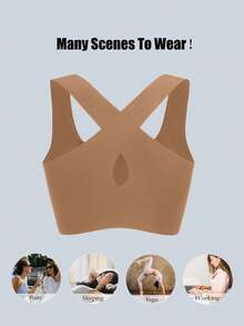Comfy Bra Women Sexy Criss Cross Brown Bras Soft Cups Wireless Bralette U Neck Removable Padding Seamless Not Transparent Backless Lingerie Traceless Underwear Crop Tops Intimates Tank Top Training Bra Breathable Fabric Wide Straps Suitable For Party Wedding Or Dress For Fitness Yoga Running And Sports Venues