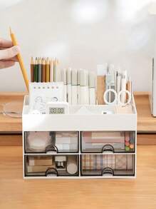 1 pieza Caja de almacenamiento de escritorio con 4 cajones, organizador de soporte para bolígrafos y tarjetas para escritorio, adecuado para escritorio, maquillaje, cosméticos, útiles de oficina, para oficina, hogar, escuela, vuelta al cole, decoración del hogar, accesorios de baño para almacenamiento de mujeres, artículos esenciales de viaje, almacenamiento para dormitorio