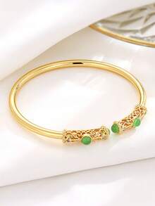 1pc Women Floral Bangle, Gold-Plated Open-End Hollow Hetian Jade Inlaid Chinese Style Bangle, Suitable For Daily Wear, Banquet, Party, Holidays Gift - Gold - View 3