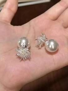 2 Pairs French Luxury Micro-Inlaid Zirconia Firework & Pearl S925 Silver Needle Stud Earrings, Versatile Earring Set For Women