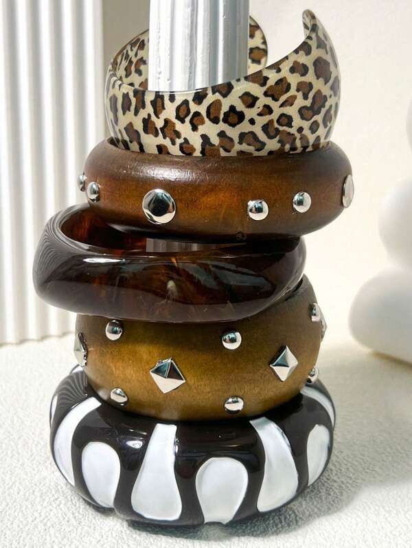 1pc Boho Style Women Vintage Mixed Leopard Print Wooden Cuff Bangle, Handmade Natural Wood Grain, Essential For Daily And Party, Great Gift For Family And Friends