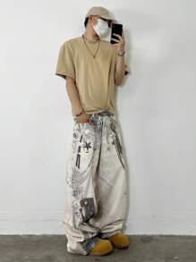 Hearty Haven 1件装复古高街个性化数码印花水洗休闲宽松牛仔裤，男士百搭街头服饰 - 白色 - 查看 7