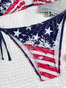 Sexy Women's Halter Backless Lace Up Bikini Set With American Flag Print For Summer Beach Wear - Navy Blue - View 3