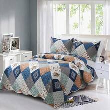 Floral Plaid Patchwork Quilt Set King Size, Reversible Brown Bedding Set Soft Microfiber Lightweight Bedspread Coverlet 3 Piece All - Season Use (104x90 Inches) - 藍色 - 查看 2