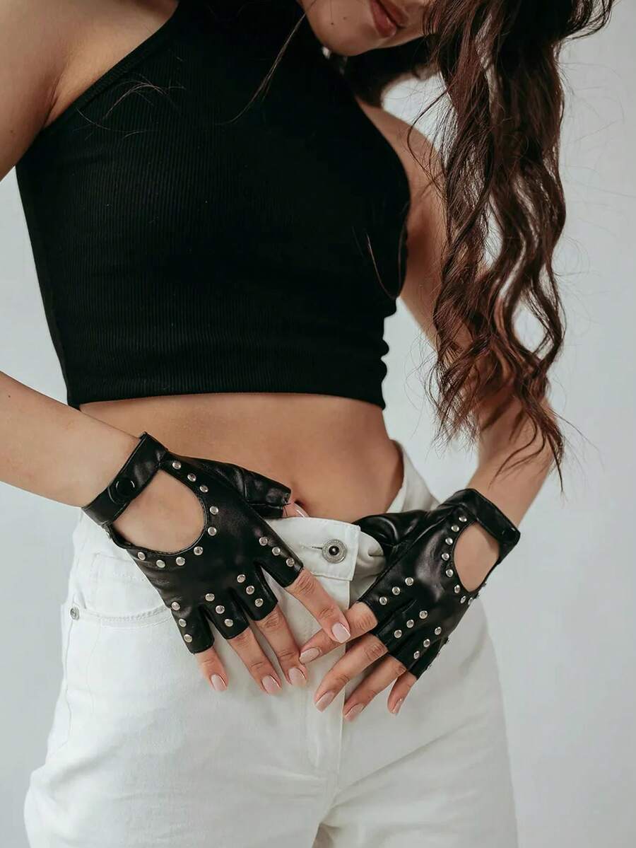 女士垃圾朋克 PU 皮革铆钉五指手套，角色扮演服装舞蹈爵士风格手套驾驶 PU 皮革性能无指手套配饰，Y2K 风格。