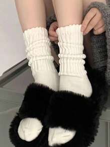 3 Pairs Women Ruffle Trim Solid Color Mid-Calf Socks, Cute And Simple, Essential For Daily Wear