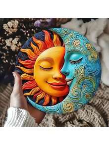 1pc 8-Inch Round 2D Metal Sun And Moon Face Wall Art Decor, Creative Home Decoration Gifts For Living Room, Bedroom, Bathroom, Garage, Bar, Cafe - Holiday Art Decor Style, Random Orientation Of Hanging Holes - Multicolor - View 1
