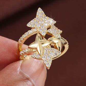 1pc Fashion Four-Pointed Star Design Cubic Zirconia Women Ring