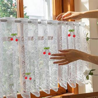White Lace Curtains,Valance,Complimentary 4 Cute Little Cherry Accessories,Translucent And Opaque,Create Atmosphere,Fabric Jacquard Process Floral Pattern Artistic Beauty,Light And Elegant,Removable Without Holes,Is The Living Room,Cafe,Dining Room,Kitchen,Cabinet,Bathroom,Bedroom,RV, A Beautiful Decorative Items